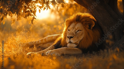 Majestic lion resting under a tree in the golden light of sunset.