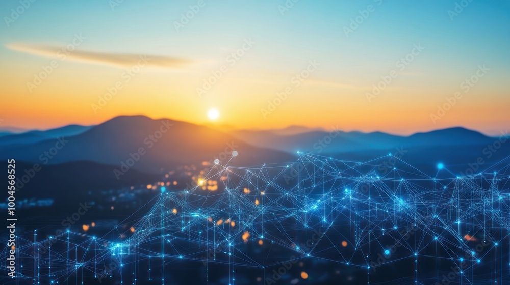 Naklejka premium Digital Network over Mountain Landscape at Sunset