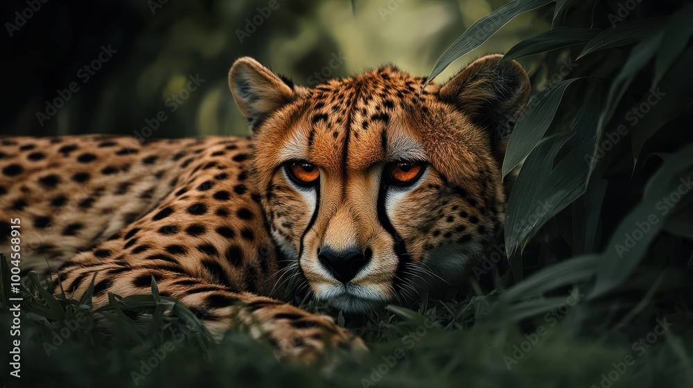 Obraz premium Sleek Cheetah Crouched Low in Grass, Amber Eyes Gazing - Wildlife Photography Portrait