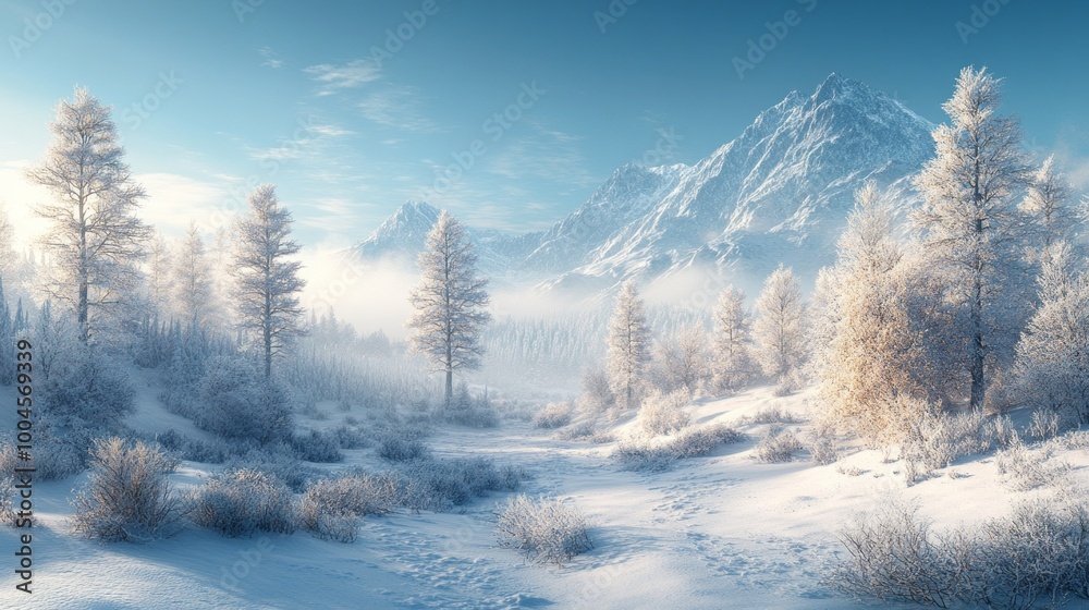 A snowy landscape with trees and mountains in the background A snowy landscape with trees and mountains in the background