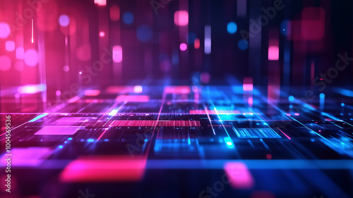 vibrant abstract visual of data mining analysis, featuring colorful lines and blocks in digital landscape. This image evokes sense of technology and innovation. 