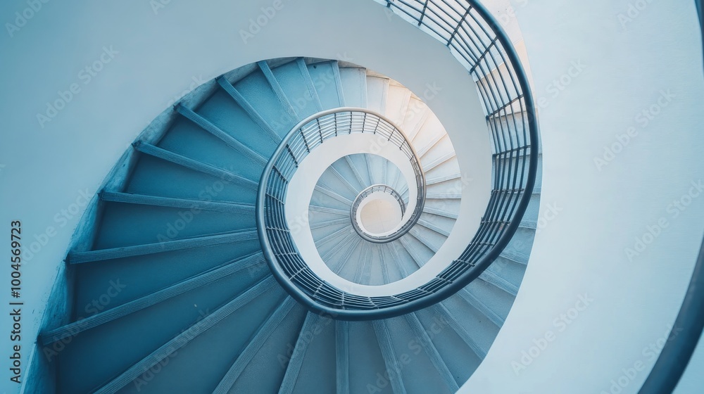 Fototapeta premium A spiral staircase seen from directly above. The staircase is made of steel and creates a circular pattern. It's a stylish design element for a home or building.