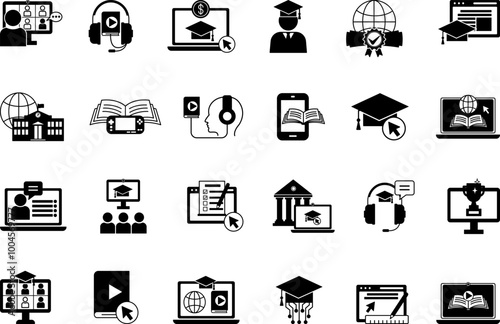 Black Online Education Icon Set. Vector Icons Online School, Mentor, Learning Platform, Student, Audio Course, Tuition Fees, E-Book, Reward, E-Learning, Online Test, and More