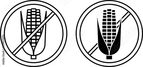 No Corn Labels. Black and White Vector Icons. Organic, Natural, Non-Allergenic. Cat's Food Properties. Food Packaging Sticker