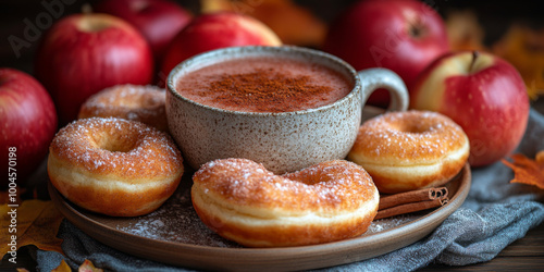A cup of apple juice with cinnamon and doughnuts on the table, surrounded by apples in autumn.