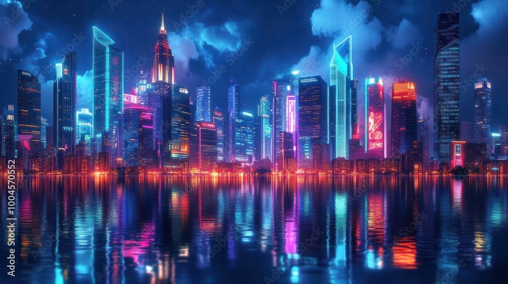 Fototapeta premium Vibrant city nightscape, modern skyscrapers illuminated by neon lights, reflecting in the water
