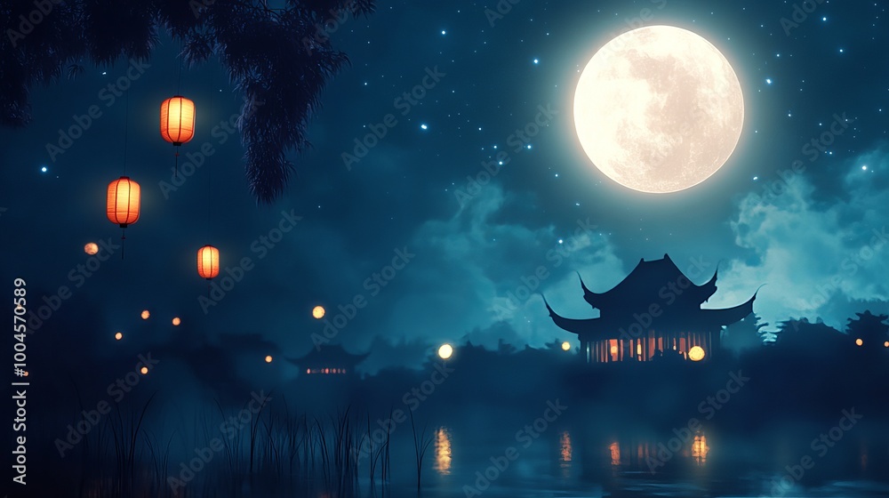 A Serene Night of Tradition: Celebrating the Mid-Autumn Festival Under the Glowing Full Moon Amidst Lanterns and Mooncakes in a Peaceful Landscape
A Serene Night of Tradition: Celebrating the Mid-Autumn Festival Under the Glowing Full Moon Amidst Lanterns and Mooncakes in a Peaceful Landscape