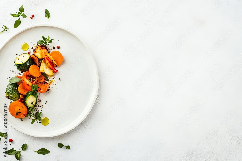 Plate of roasted vegetables with herbs and olive oil, set against a neutral background, minimalist presentation Plate of roasted vegetables with herbs and olive oil, set against a neutral background, minimalist presentation