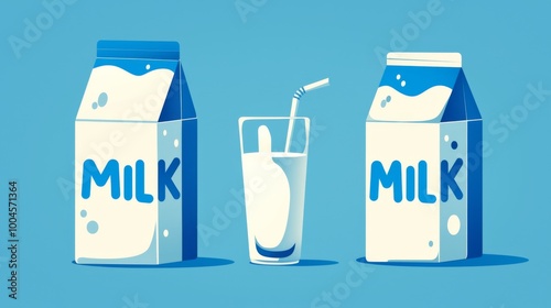  milk packaging featuring "MILK" in white letters, including various cartons and bottles, accompanied by a glass of fresh milk on a pastel blue background.