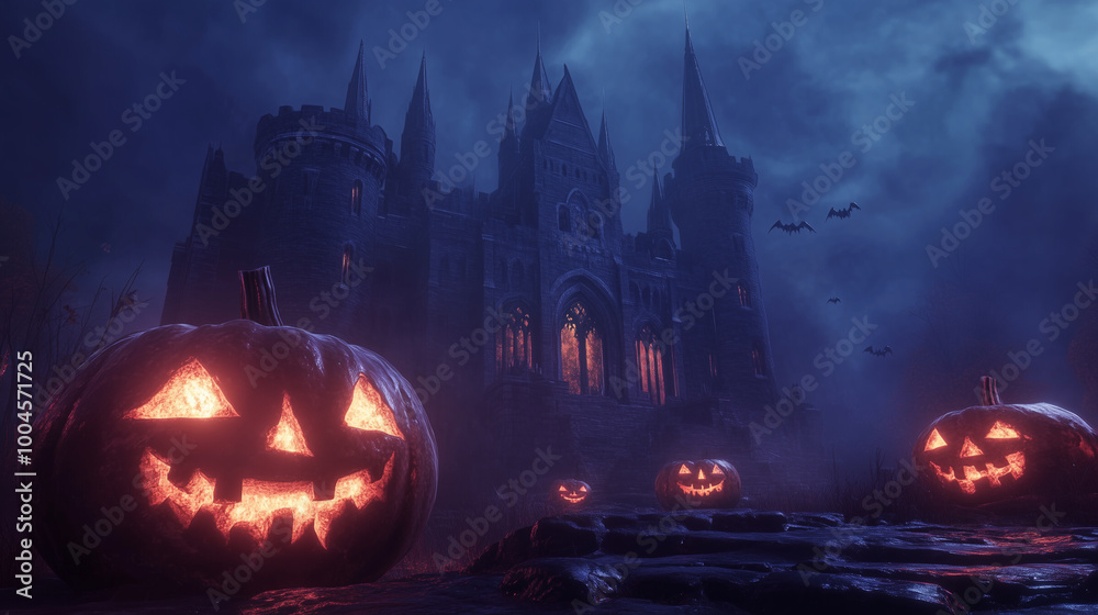 Dracula's Castle with Glowing Jack-O'-Lanterns Under Dark Sky Dracula's Castle with Glowing Jack-O'-Lanterns Under Dark Sky