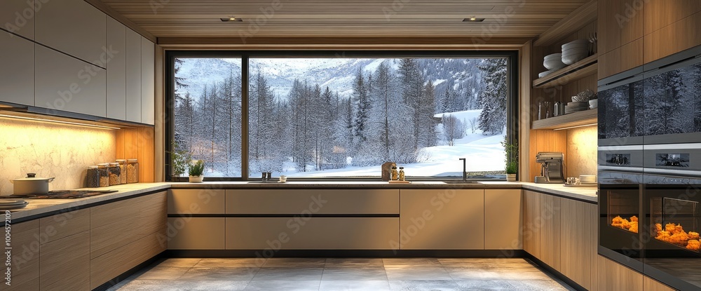 custom made wallpaper toronto digitalModern Kitchen with Large Window and View of Snowy Landscape