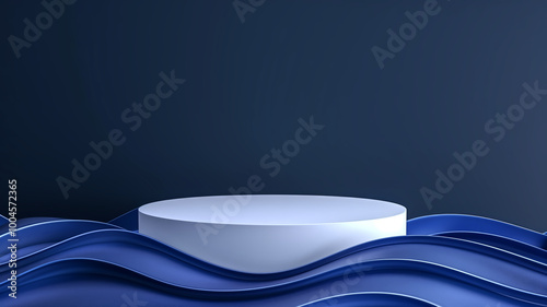sleek podium stands against deep blue abstract background, surrounded by flowing waves. This modern design creates serene and captivating atmosphere, perfect for presentations or displays. 