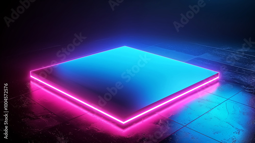 vibrant neon blue and pink square glows against dark void, creating striking visual contrast. illuminated edges enhance modern aesthetic, evoking sense of depth and intrigue. 