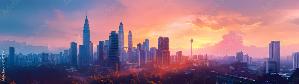 Obraz premium illustration colorful Kuala Lumpur skyline view in the morning.