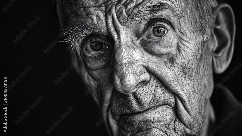 A moody black and white portrait of an elderly man with deep wrinkles, telling a story through his expression. A moody black and white portrait of an elderly man with deep wrinkles, telling a story through his expression.