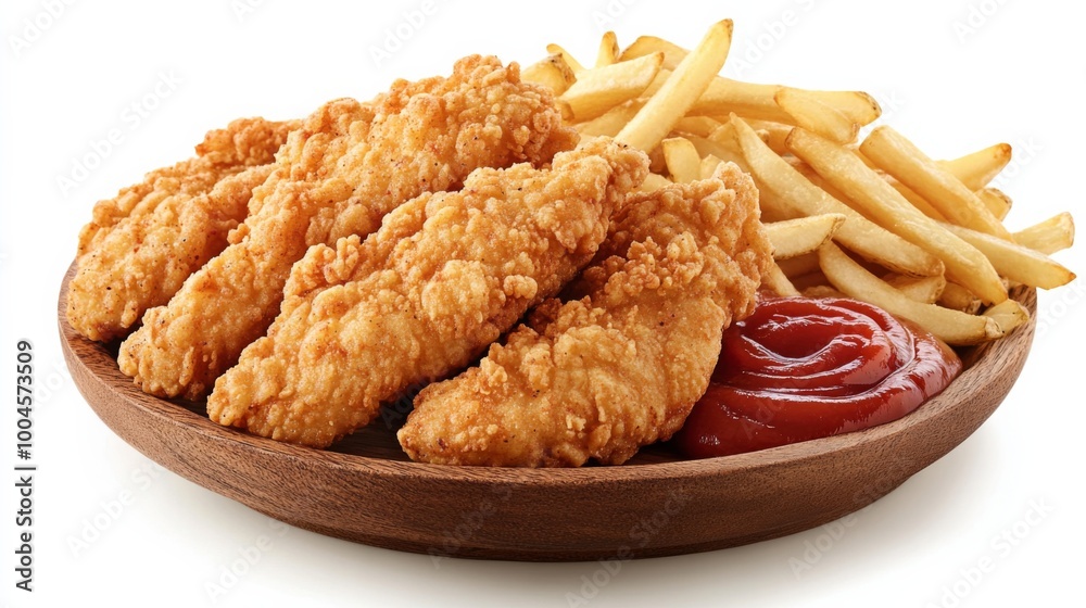 Delicious chicken fingers served with ketchup and crispy fries on a wooden plate, set against a clean white background, perfect for food advertising 