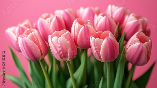 Pink Tulips Bouquet on Pink Background 