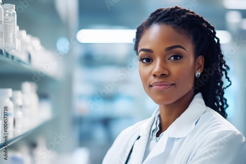 Confident Pharmacist: Portrait of a professional Black female pharmacist in a modern pharmacy setting.   photo