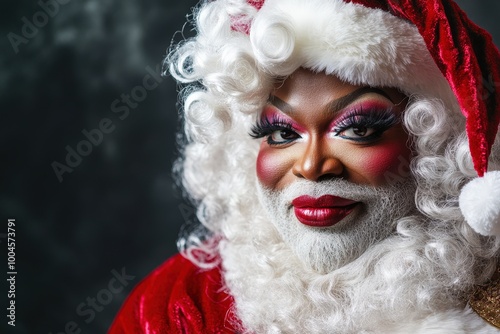 Santa's Glamorous Transformation: A close-up portrait of a Black drag queen dressed as Santa Claus, showcasing the festive spirit and inclusivity of the holiday season.