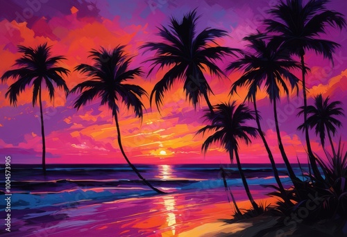 vibrant palm tree silhouettes colorful backgrounds highlighting distinct tropical imagery bold tones contrast, sunset, nature, beach, exotic, landscape