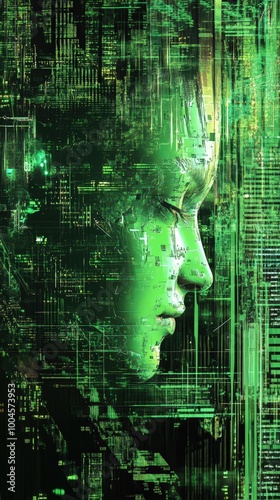 Futuristic digital art featuring a woman's profile blended with green data patterns. photo