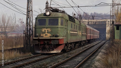 Vintage Green Train Approaching Tunnel - Railway Transportation