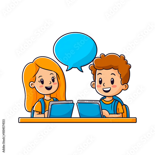 Cartoon kids studying together with speech bubble
 Transparent background
