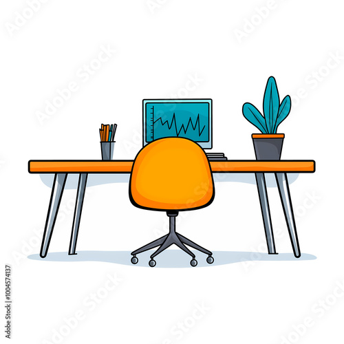 Illustration of a cartoon office desk setup with a computer showing graphs, an orange chair, a potted plant, and a pencil holder, representing a work or home office.  Transparent background