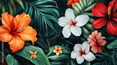 Contemporary Floral Illustration with Tropical Blooms.