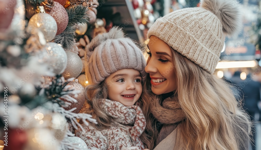 Mother and daughter shopping together, holding hands, checking out a display of holiday decorations