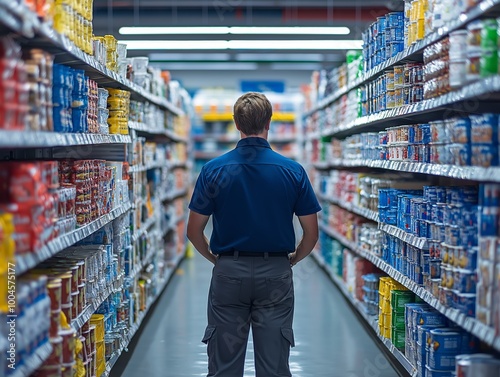 Retail worker restocking shelves with sale items, wearing a store uniform, busy and efficient