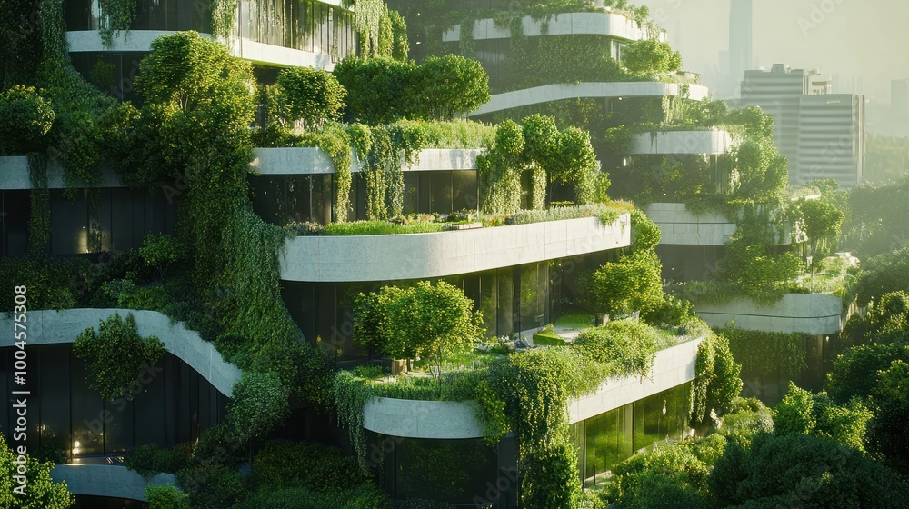 Greenery cascades down eco-friendly buildings, a vision of sustainability and the future of urban architecture. Greenery cascades down eco-friendly buildings, a vision of sustainability and the future of urban architecture.