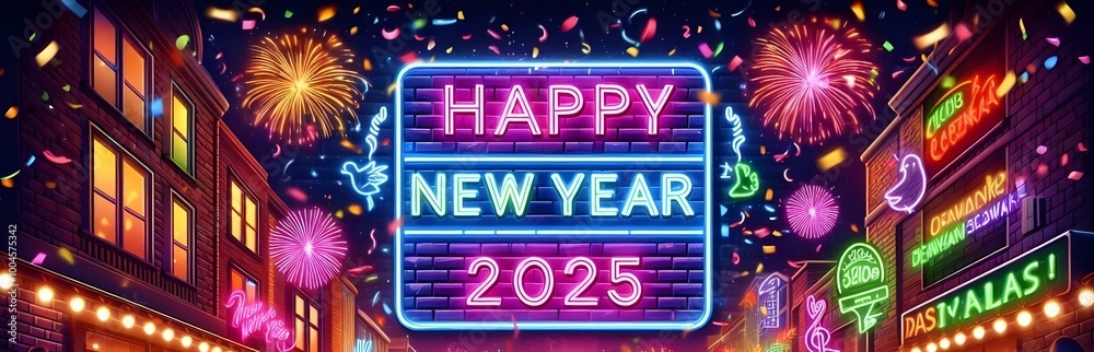 Obraz premium Happy New Year 2025 Neon Sign with Cityscape and Fireworks