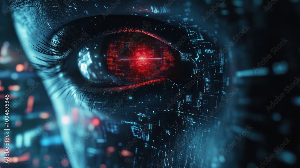 Hacker or AI robot eye in dark tech space, cyborg vision on digital background. Concept of cyber security, technology, future, data, artificial intelligence, hack, network Hacker or AI robot eye in dark tech space, cyborg vision on digital background. Concept of cyber security, technology, future, data, artificial intelligence, hack, network