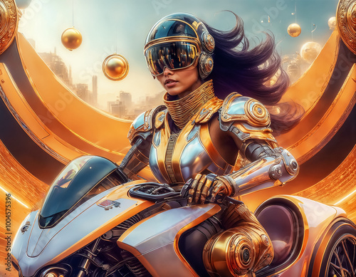 Sublime motarde en combinaison métallique sur sa 
 moto futuriste, les cheveux au vent, science-fiction, jolies couleurs à dominante orangée photo