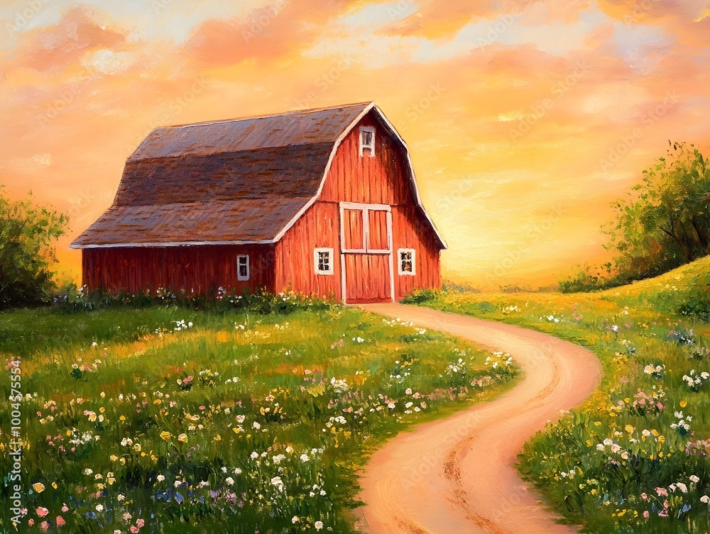 A quaint rural barn nestled in a tranquil countryside setting a classic red barn with a pitched roof and white trim surrounded by a grassy meadow dotted with wildflowers A quaint rural barn nestled in a tranquil countryside setting a classic red barn with a pitched roof and white trim surrounded by a grassy meadow dotted with wildflowers