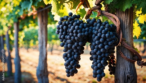 A bunch of black grape for wine on vineyard with vine on the background. photo