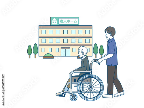 車椅子を押す介護士の男性のイラスト
