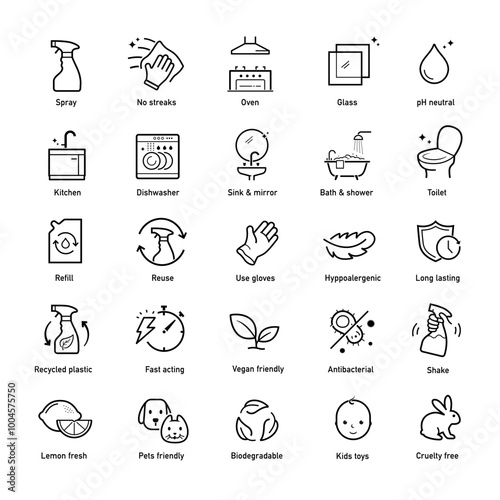 Trigger spray set icons for surface care. The outline icons are well scalable and editable. Contrasting elements are good for different backgrounds. Can be used for cleaning products, chemicals. EPS10