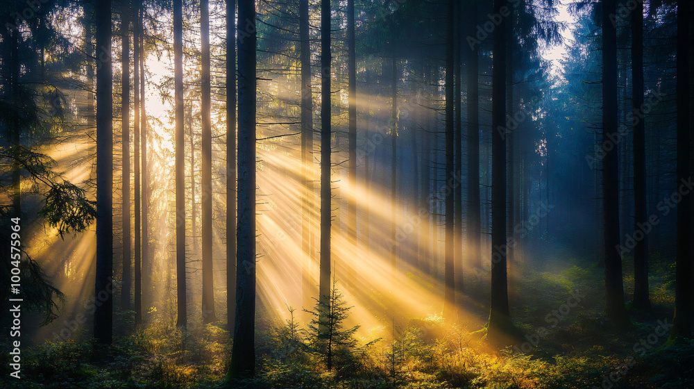 Naklejka premium A misty morning in a pine forest with sun rays filtering through the trees. 