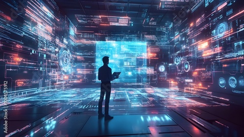 Startup Founder Presenting Innovative Holographic Data Visualization in a High Tech Office Backdrop for a Virtual Business Pitch or Corporate Presentation