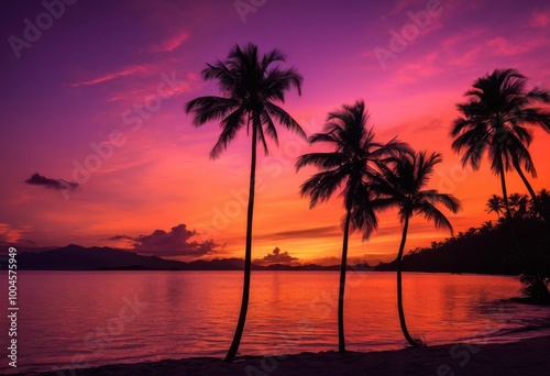 vibrant palm silhouettes colorful sunset sky blazing purple hues creating stunning visual experience, aesthetic, backdrop, branch, colors, contrast, dusk