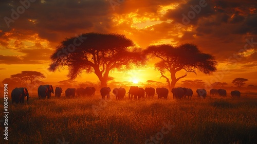 Wallpaper Mural African Elephants Silhouetted Against a Fiery Sunset Torontodigital.ca