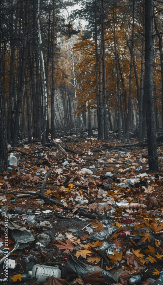 Autumn forest landscape highlighting environmental pollution in urban parks with litter and waste Autumn forest landscape highlighting environmental pollution in urban parks with litter and waste
