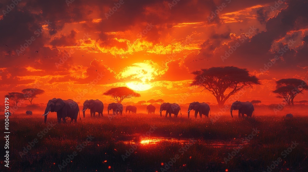 Fototapeta premium African Sunset with Elephants
