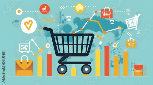 A shopping cart surrounded by data graphics and icons, representing e-commerce, analytics, and consumer behavior trends.