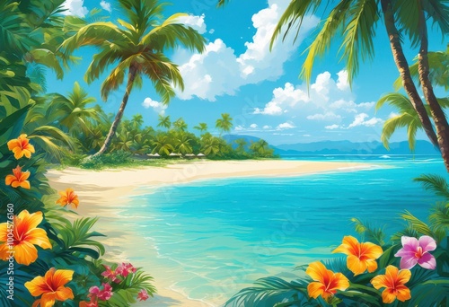 vibrant tropical paradise featuring sunlit lush green palm rich exotic flora surrounded clear blue waters, beach, trees, ocean, sand, island, nature, sunlight