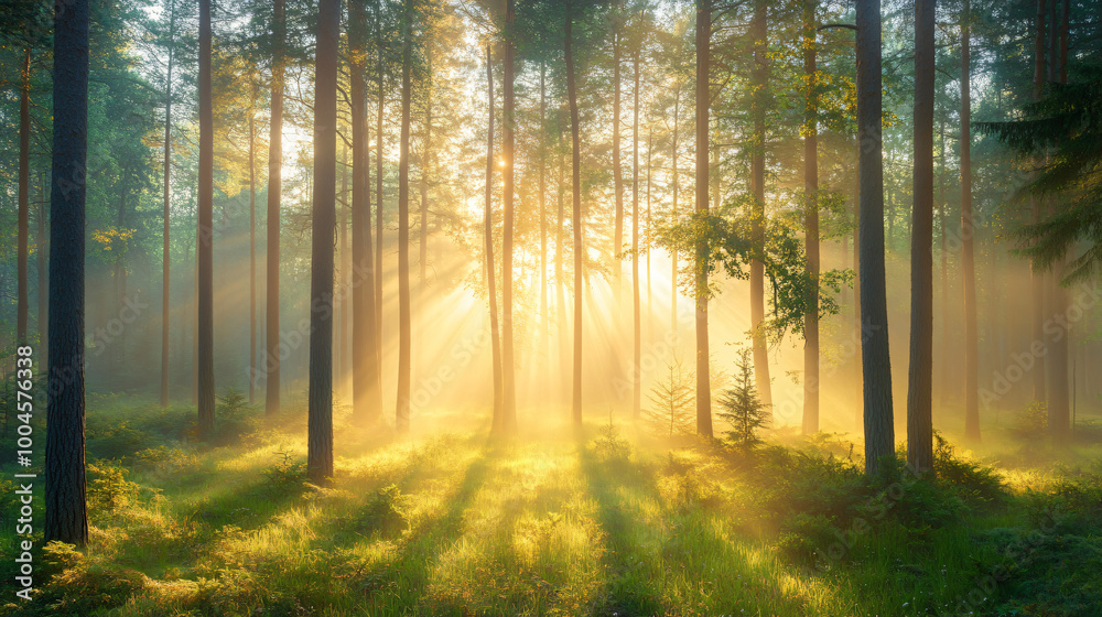 Fototapeta premium A misty morning in a pine forest with sun rays filtering through the trees. 