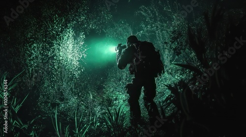 Night vision view of a smuggler hiding illegal goods in a dark, forested border area photo