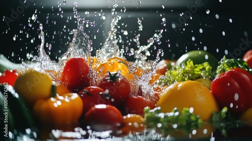 Water pours gently over a colorful array of vegetables and fruits, creating splashes and droplets in a well-lit kitchen, highlighting their freshness and vibrancy